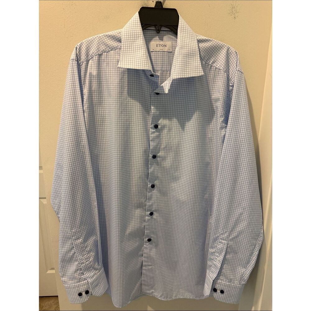 Eton Light Blue Checked Dress Shirt - Spread Collar cotton longsleeve size 44